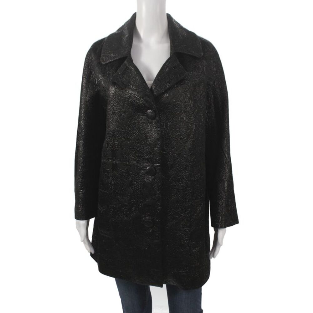 Badgley Mischka Womens Black Floral Overcoat Button Front Long Sleeve Size 14